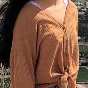 Brown Button Down Tie-Front Sweater